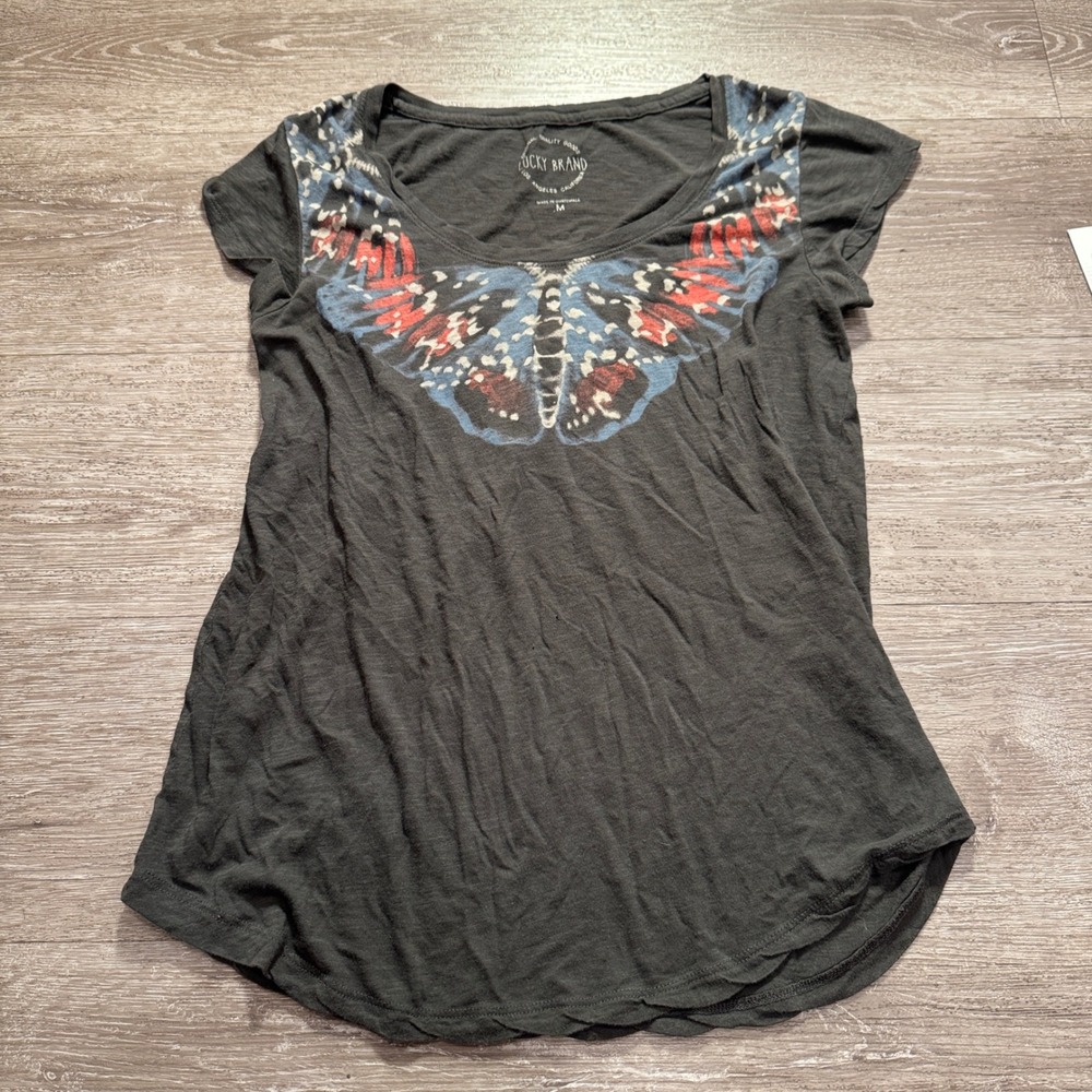 Lucky Brand Shirt Womens M Gray Cotton Butterfly Graphic Tee Boho Summer Casual